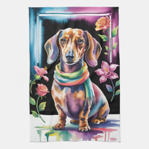 Dachshund Portrait in Neon Light and Floral Frame Kitchen Towel
