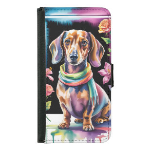 Dachshund Portrait in Neon Light and Floral Frame Samsung Galaxy S5 Wallet Case
