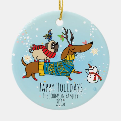 Dachshund Pug  Bird Holiday Ceramic Ornament