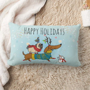 Dachshund, Pug & Bird Holiday Throw Pillow