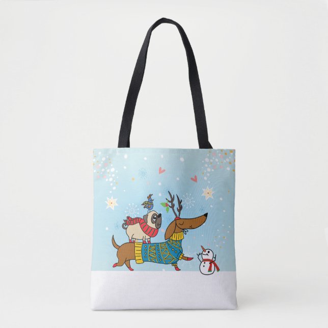 Dachshund, Pug, & Bird Holiday Tote Bag (Front)