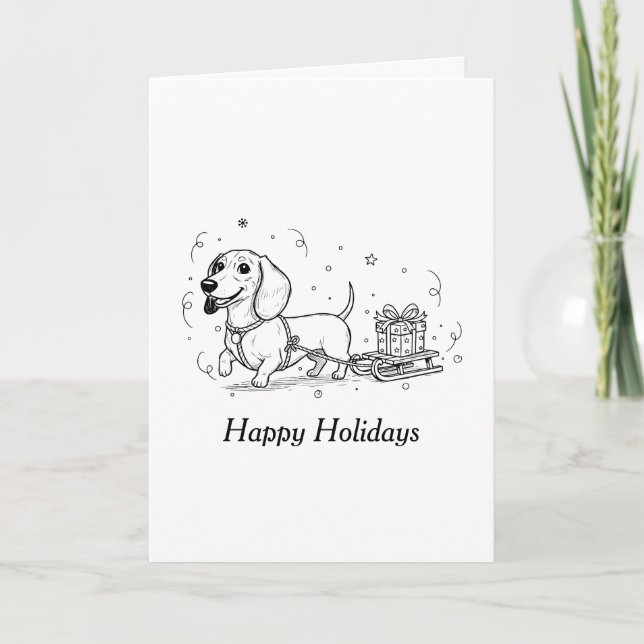 Dachshund pulling sleigh with a Christmas presents Holiday Card (Front)