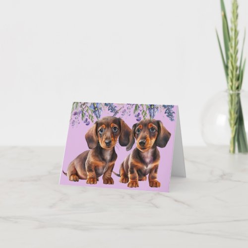 Dachshund Puppies Floral Blank Greeting Card