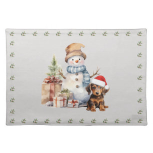 Dachshund Puppies: Santa Hats, Holly, and Snowmen Cloth Placemat