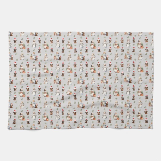 Dachshund Puppies: Santa Hats, Holly, and Snowmen Kitchen Towel (Horizontal)