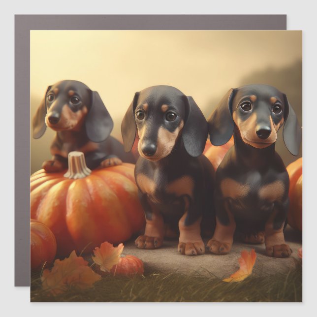 Dachshund Puppy Autumn Delight Pumpkin Car Magnet (Front)