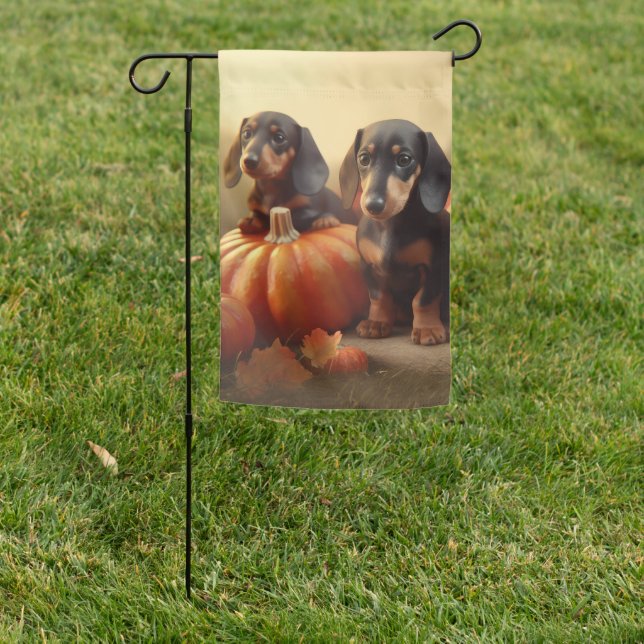 Dachshund Puppy Autumn Delight Pumpkin Garden Flag (In SItu)