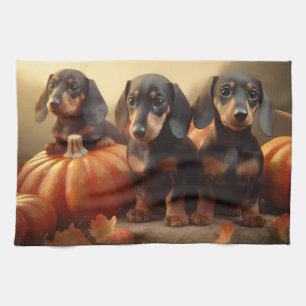 Dachshund Puppy Autumn Delight Pumpkin Kitchen Towel