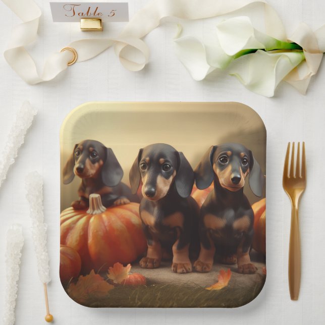 Dachshund Puppy Autumn Delight Pumpkin Paper Plates (Wedding)