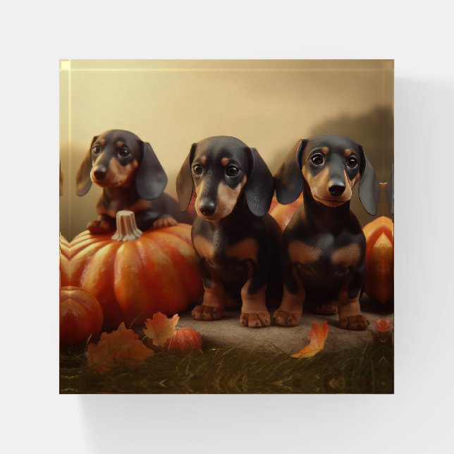 Dachshund Puppy Autumn Delight Pumpkin Paperweight (Front)