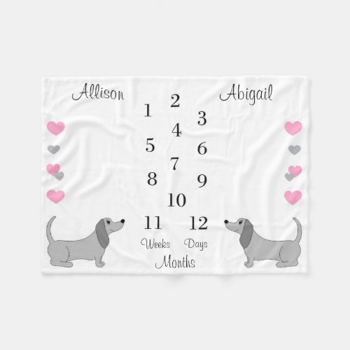 Dachshund Puppy Dog Baby Girl Twin Milestone Month Fleece Blanket