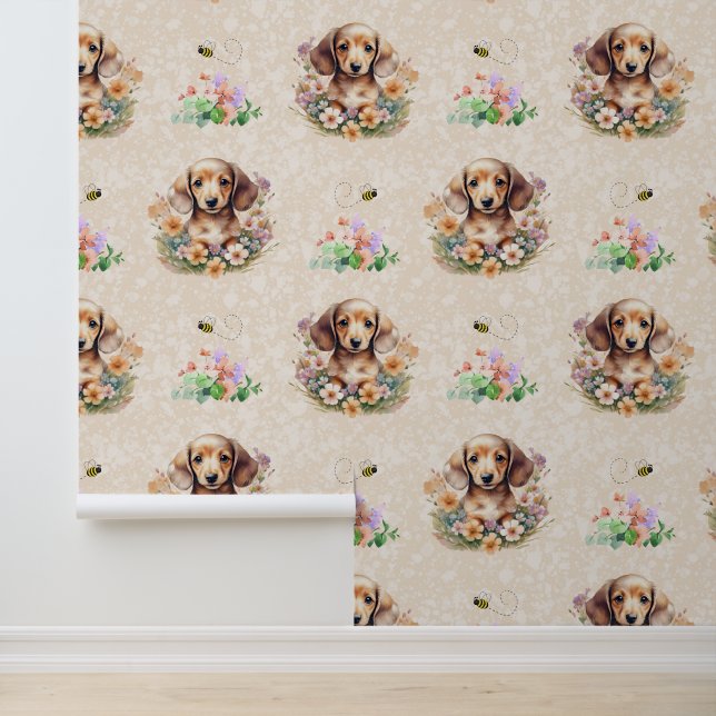 Dachshund Puppy Dog Bee Floral on Cream Wallpaper (Application)