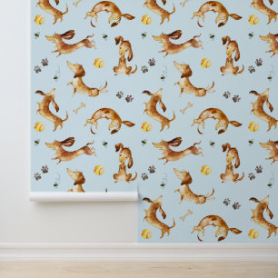 Dachshund Puppy Dog Paw Prints Bumble Bee Blue Wallpaper