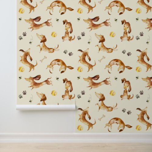Dachshund Puppy Dog Paw Prints Bumble Bee Cream Wallpaper
