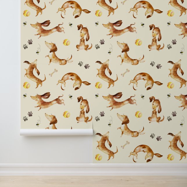Dachshund Puppy Dog Paw Prints Bumble Bee Cream Wallpaper (Application)