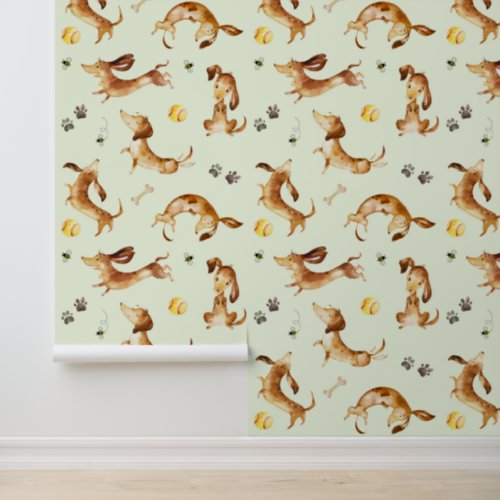 Dachshund Puppy Dog Paw Prints Bumble Bee Green  Wallpaper