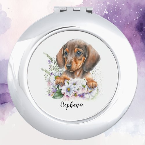 Dachshund Puppy Dog Pretty Florals Monogram Name Compact Mirror