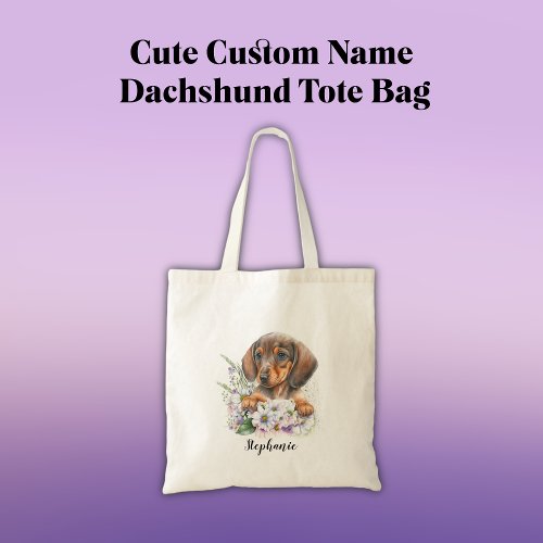 Dachshund Puppy Dog Pretty Florals Monogram Name Tote Bag