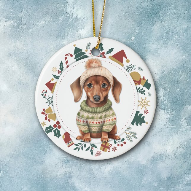 Dachshund Puppy in Winter Sweater Christmas Ceramic Ornament (Creator Uploaded)
