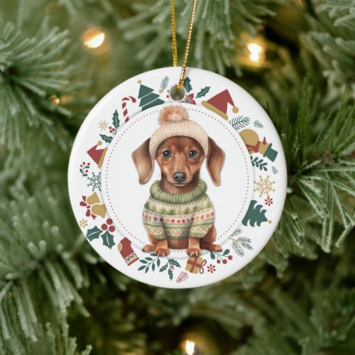 Dachshund Puppy in Winter Sweater Christmas Ceramic Ornament