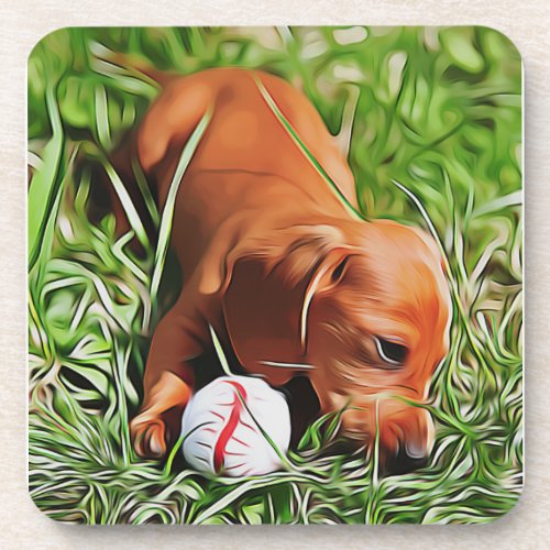 Dachshund Puppy Laying In Grass With Ball Xmas Pos Beverage Coaster