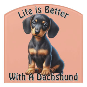 Dachshund Puppy Sitting and Looking with Innocent  Door Sign