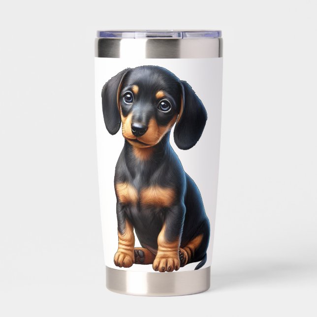 Dachshund Puppy Sitting and Looking with Innocent  Insulated Tumbler (Front)