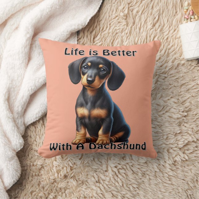 Dachshund Puppy Sitting and Looking with Innocent  Throw Pillow (Blanket)