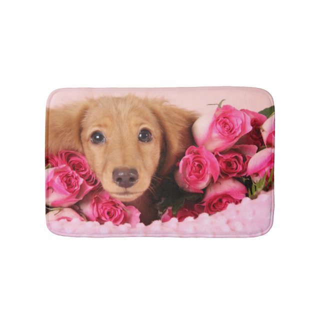 Dachshund Puppy Surrounded by Roses Bathroom Mat (Front)