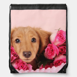 Dachshund Puppy Surrounded by Roses Drawstring Bag