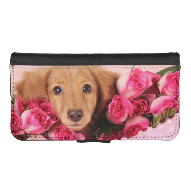 Dachshund Puppy Surrounded by Roses iPhone Wallet Case (Front (Horizontal))
