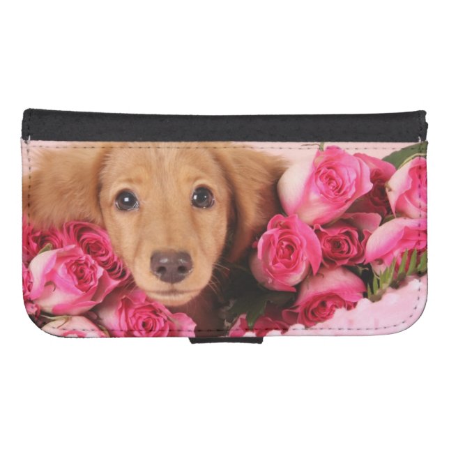 Dachshund Puppy Surrounded by Roses Samsung Galaxy Wallet Case (Front (Horizontal))
