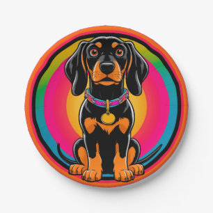 Dachshund Puppy Surrounded by Vibrant Rainbow Paper Plates