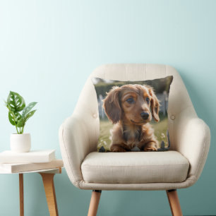 Dachshund puppy waiting at the fence throw pillow