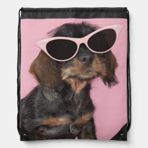 Dachshund Puppy Wearing Sunglasses Drawstring Bag