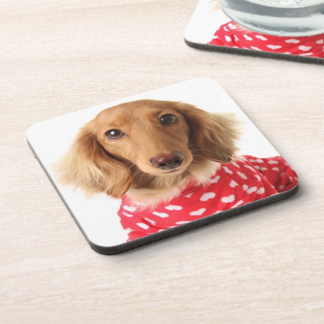 Dachshund Puppy Wearing Valentine's Outfit Beverage Coaster (Left Side)