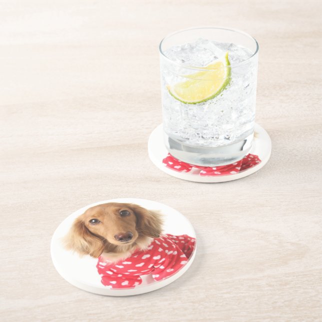 Dachshund Puppy Wearing Valentine's Outfit Drink Coaster (Side)
