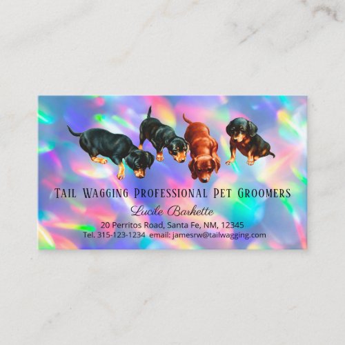Dachshund Pups Pet Grooming Holographic Rainbow Business Card