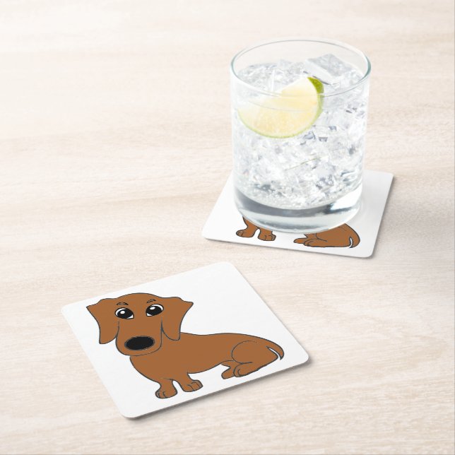 dachshund red cartoon square paper coaster (Insitu)