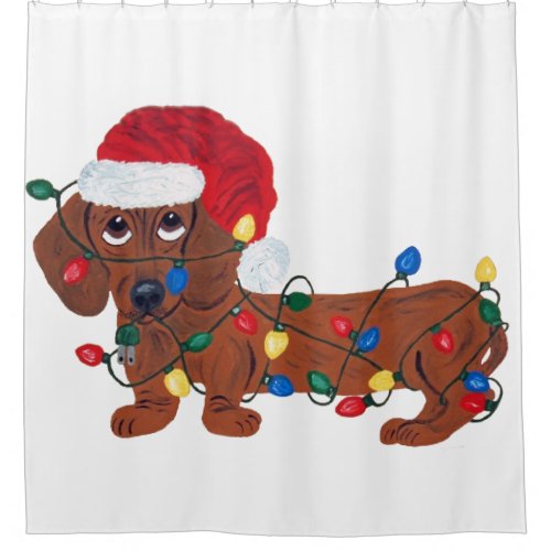 Dachshund Red Tangled In Christmas Lights Shower Curtain