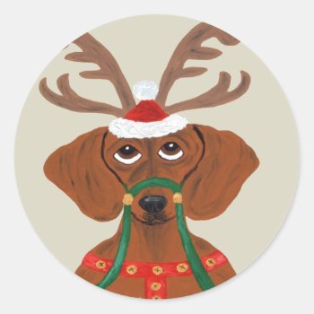 Dachshund Reindeer Classic Round Sticker by Squirreldumplings at Zazzle