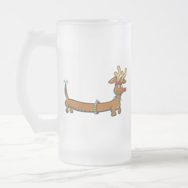 Dachshund Reindeer Frosted Glass Beer Mug (Left)