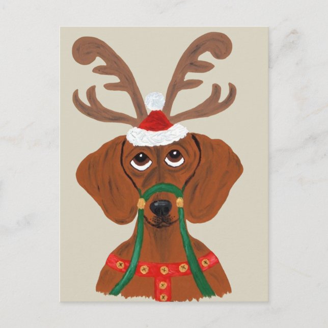 Dachshund Reindeer Holiday Postcard (Front)