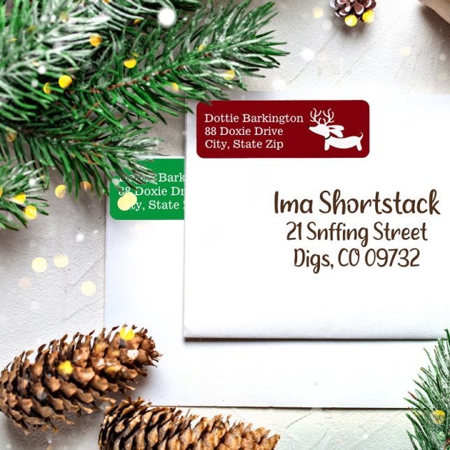 Dachshund Reindeer Red Christmas Address Labels (Wiener dog Christmas reindeer return address labels)