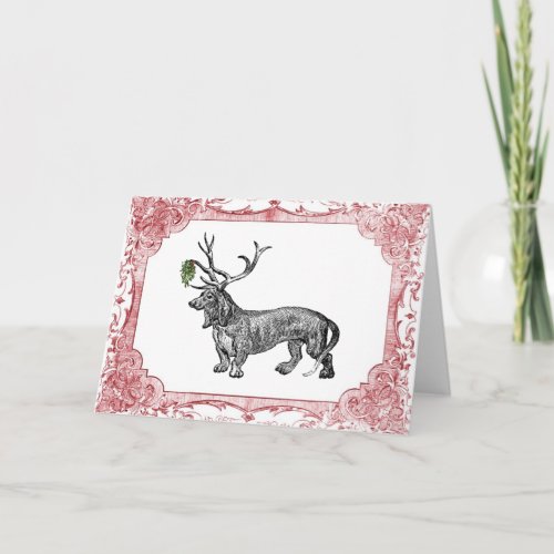 Dachshund Reindeer w Mistletoe Vintage Christmas Holiday Card