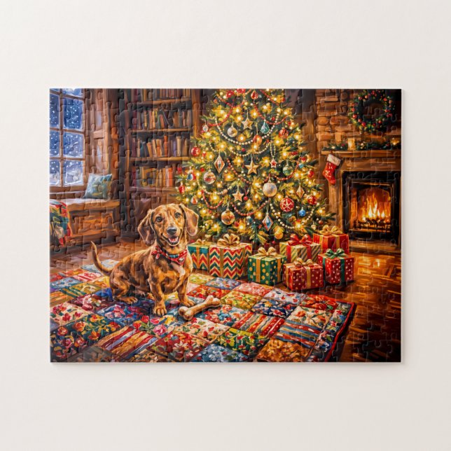 Dachshund Resting Beside Cozy Christmas Tree Firep Jigsaw Puzzle (Horizontal)