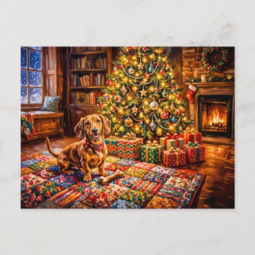 Dachshund Resting Beside Cozy Christmas Tree Firep Postcard