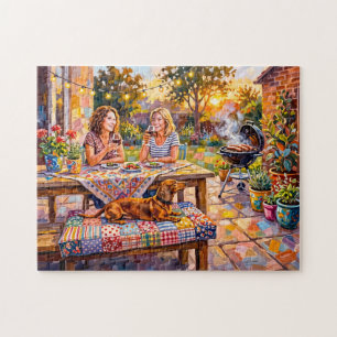Dachshund Resting Beside Outdoor Evening Garden Ta Jigsaw Puzzle