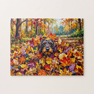 Dachshund Resting in Colorful Autumn Leaves Jigsaw Puzzle