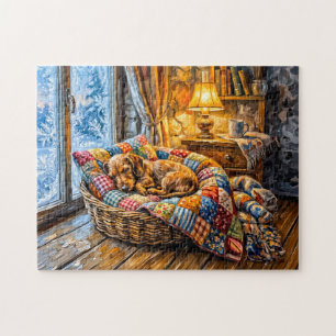 Dachshund Resting in Cozy Winter Window Basket Jigsaw Puzzle